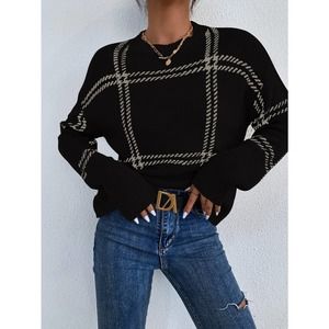 Plaid Pattern Drop Shoulder Sweater grid minimalist black white